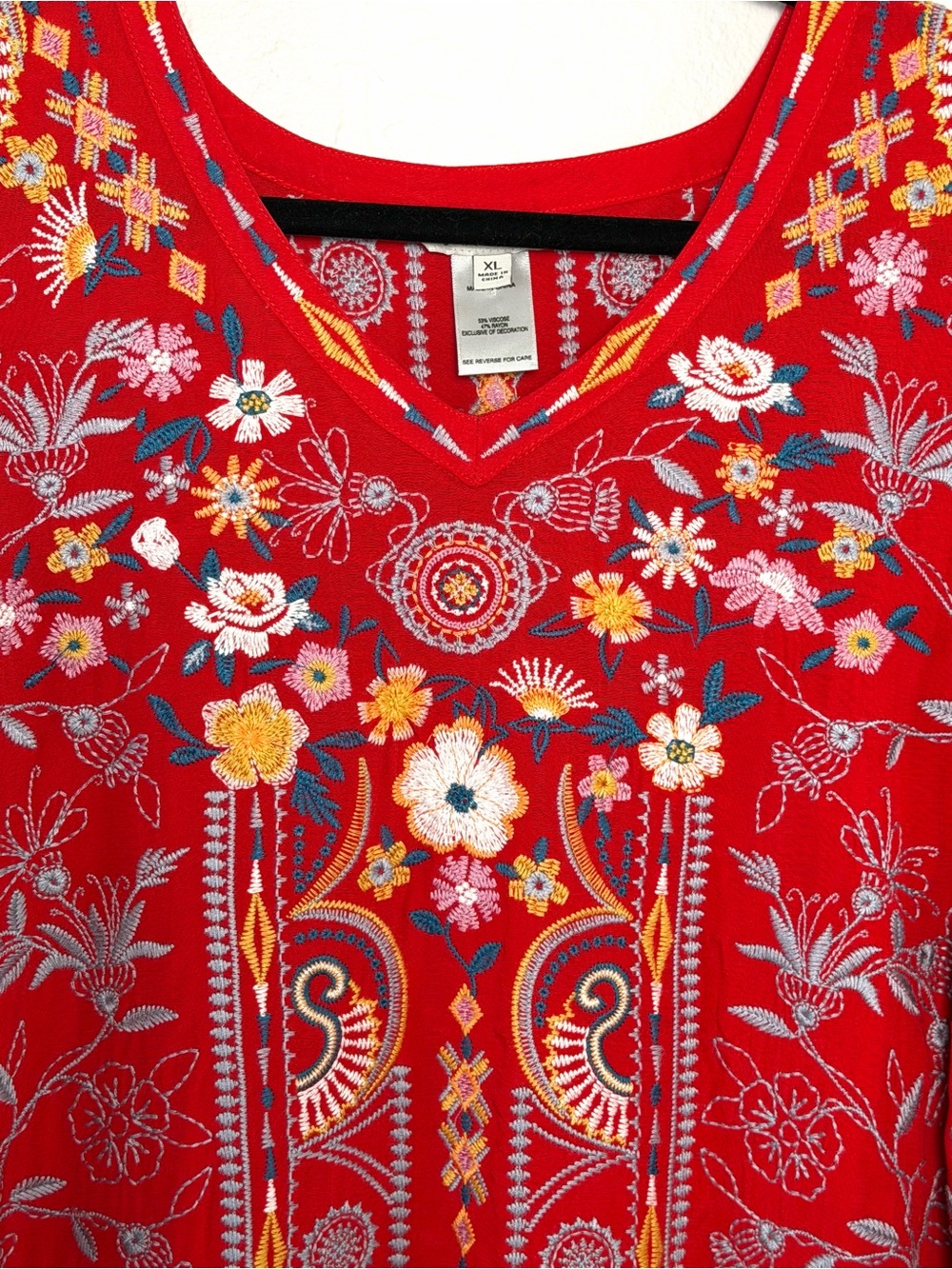 John Mark Red Embroidered XL Boho V-Neck Tunic Top Flowy Floral Artisan - Picture 3 of 13